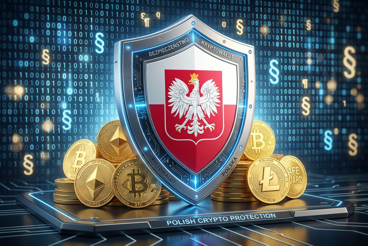 Ilustracja przedstawiająca tarczę bezpieczeństwa z logo blockchain nad mapą Polski, symbolizująca prawne i techniczne aspekty krypto hazardu.
