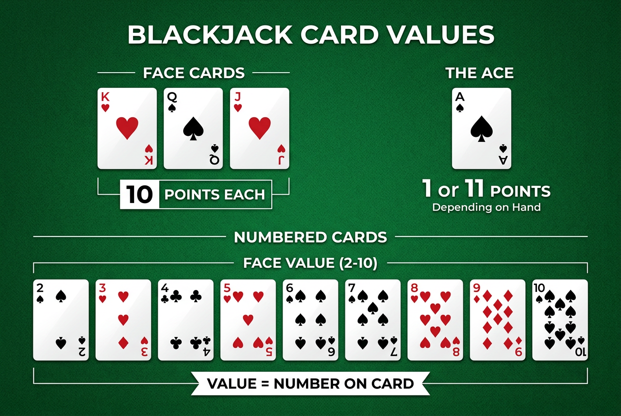Infografika przedstawiająca punktację kart w blackjacku i główne akcje gracza