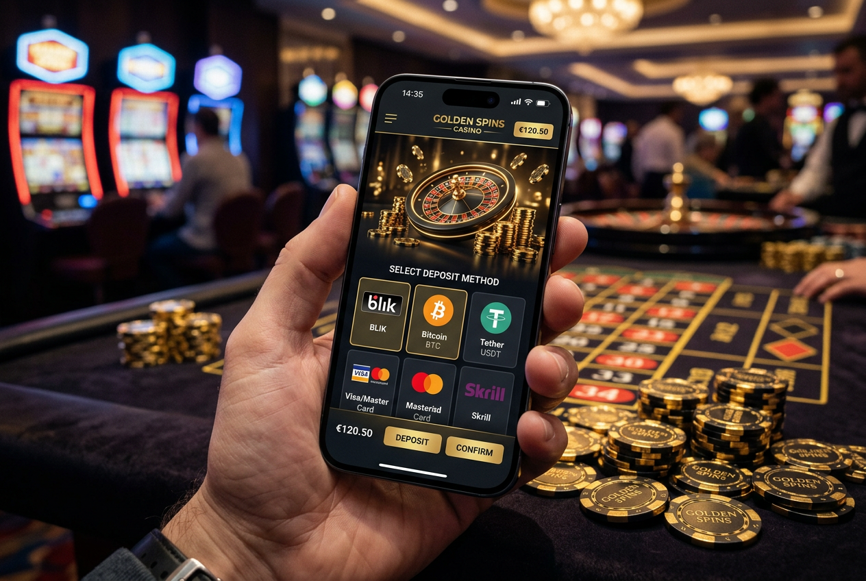 Smartfon z ikonami kryptowalut i logiem BLIK na tle kasynowych żetonów