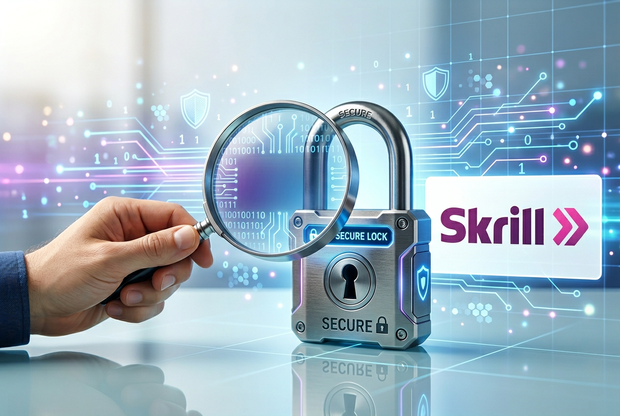 Grafika przedstawiająca lupę nad ikoną kłódki i logo Skrill