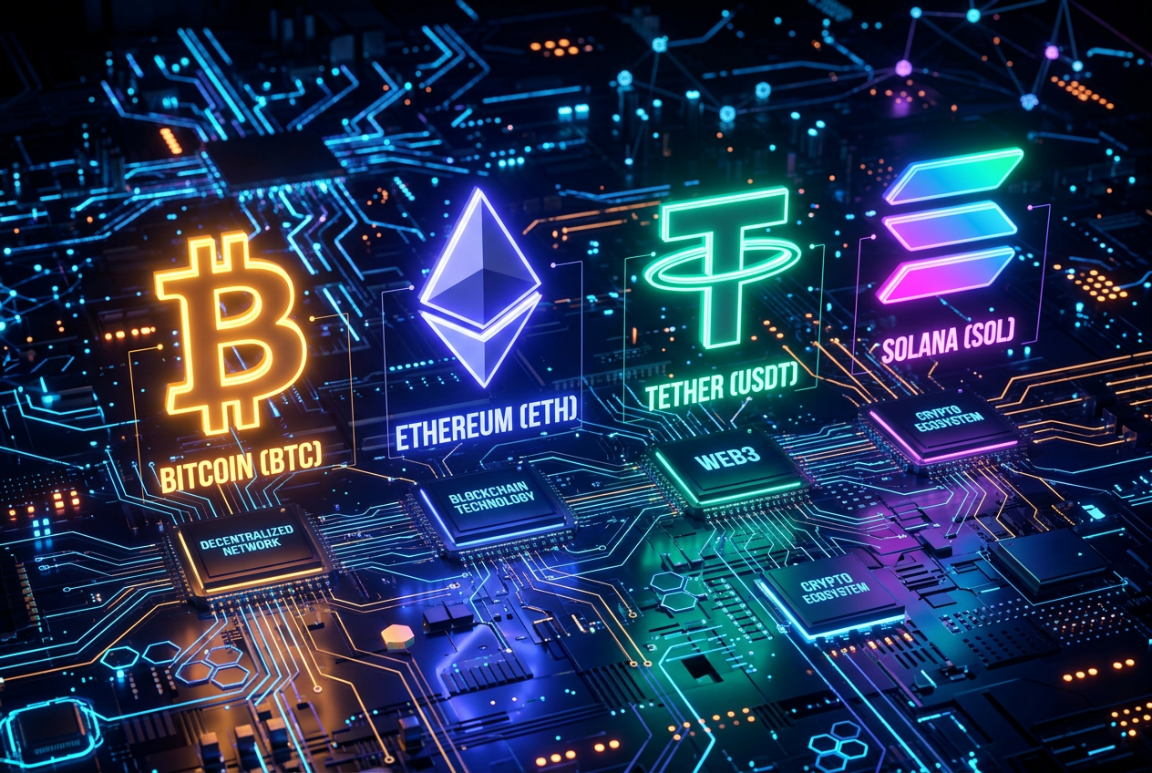 Logotypy kryptowalut BTC ETH USDT LTC SOL w nowoczesnym stylu