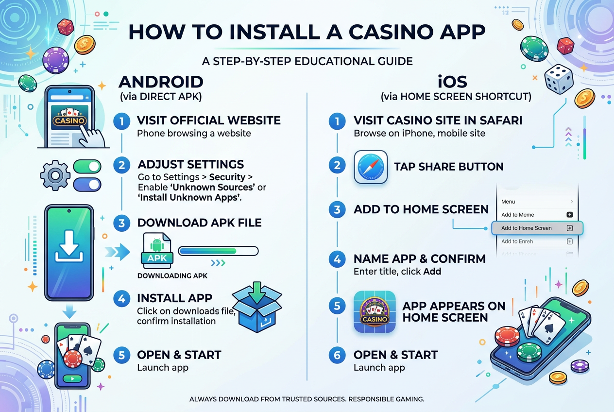 Infografika przedstawiająca krok po kroku proces instalacji aplikacji kasynowej na systemach Android i iOS