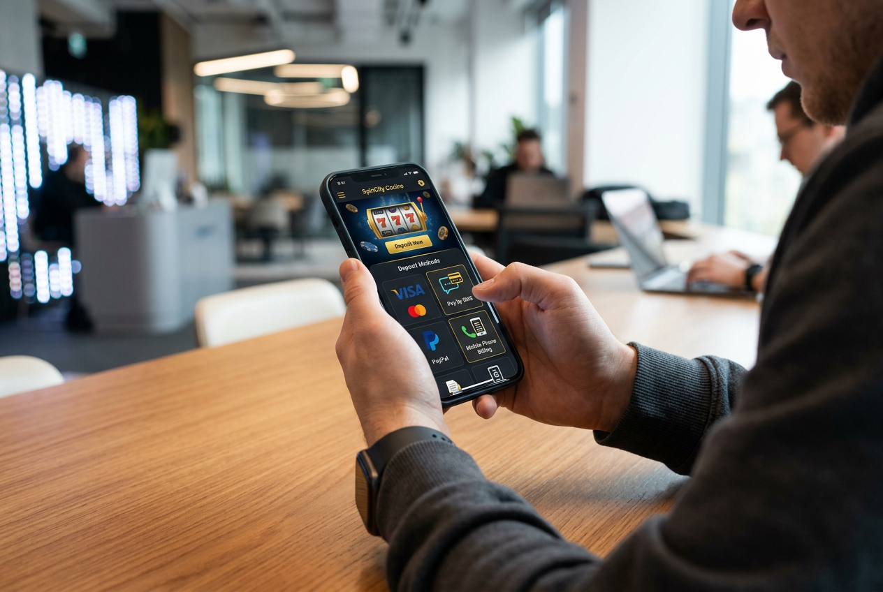 Osoba trzymająca nowoczesny smartfon z otwartą aplikacją kasynową i widocznymi ikonami bezpiecznych płatności mobilnych