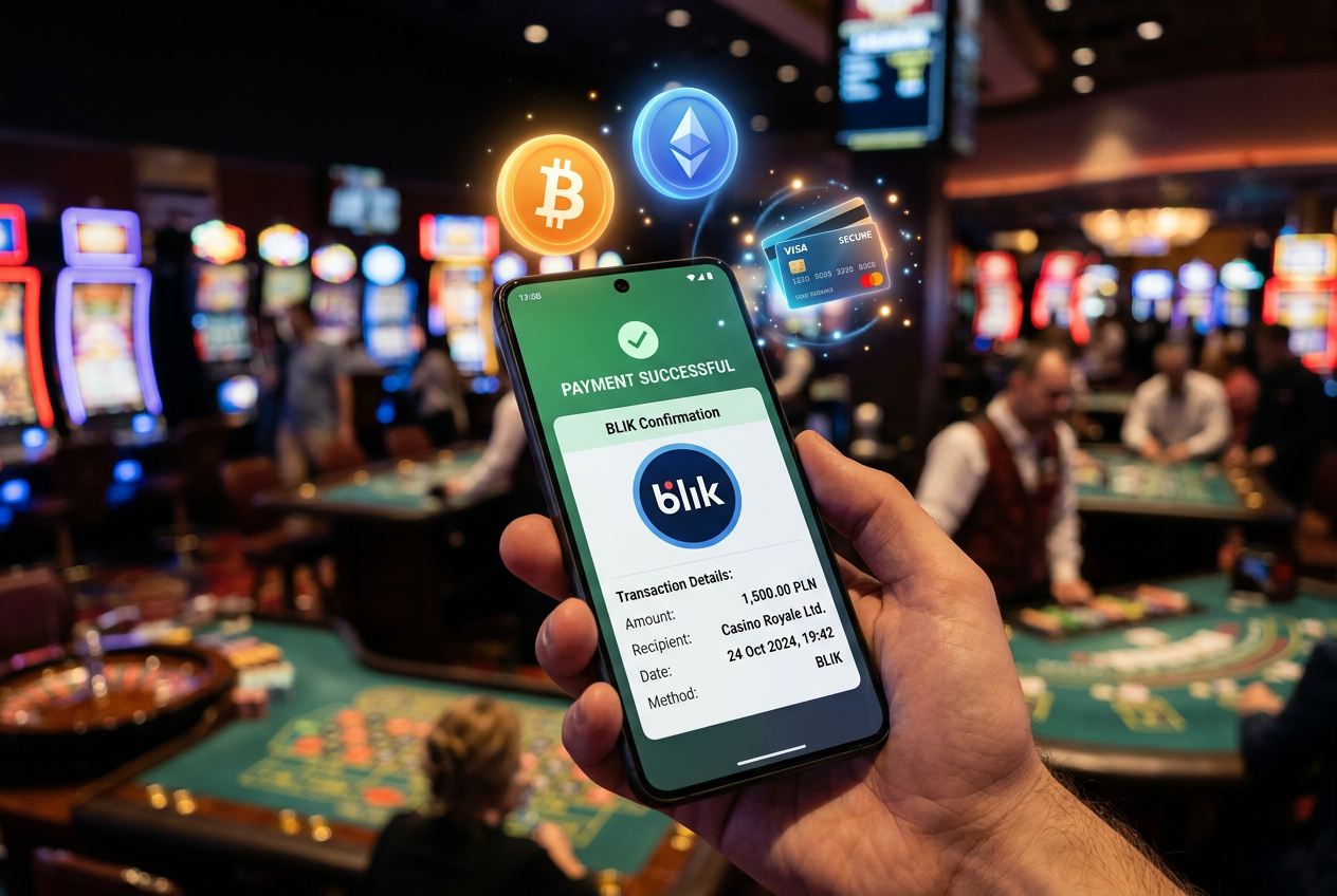 Zbliżenie na ekran smartfona z ikoną płatności BLIK oraz cyfrowymi symbolami kryptowalut w nowoczesnej oprawie