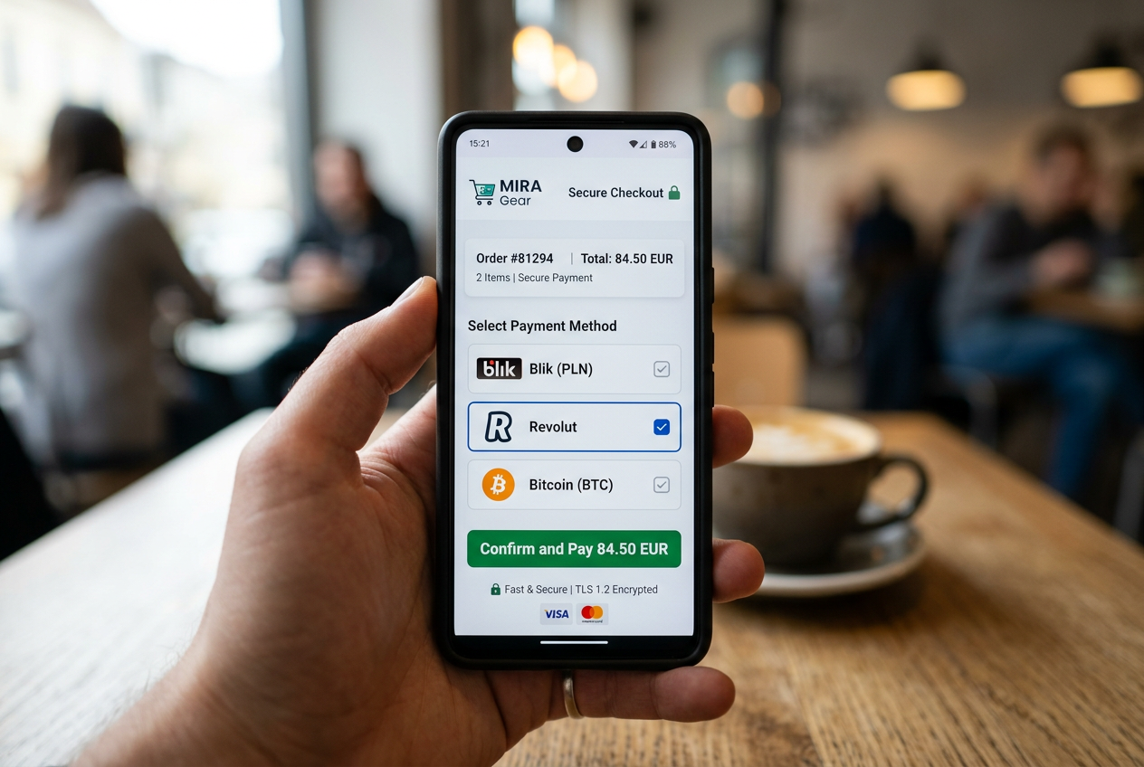 Smartfon wyświetlający bezpieczne metody płatności mobilnych w kasynie online, w tym Blik i kryptowaluty