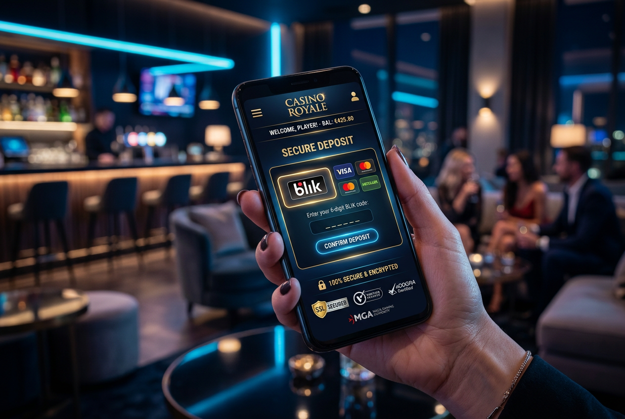 Interfejs nowoczesnego kasyna online z elementami bezpieczeństwa i płatności BLIK