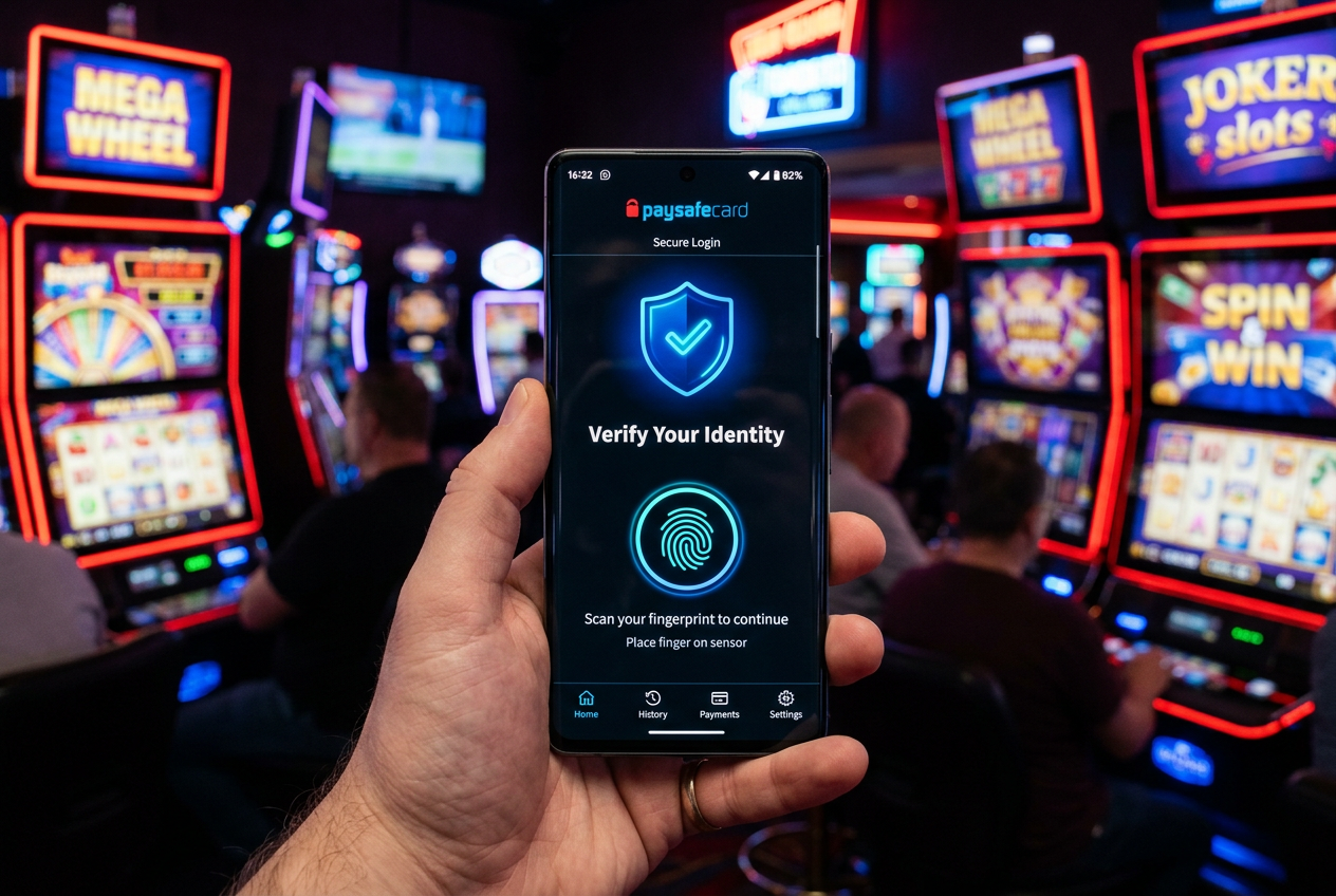 Smartfon z aplikacją My Paysafecard i bezpiecznym logowaniem biometrycznym