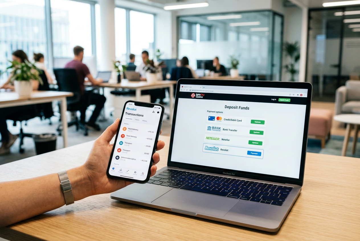 Ekspert Game4Fun testujący płatność Revolut w kasynie przy użyciu smartfona i laptopa
