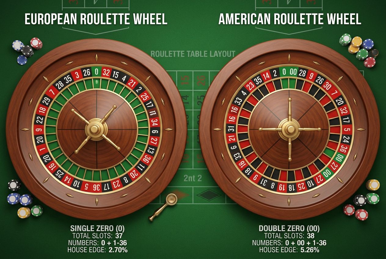 Porównanie koła ruletki europejskiej i amerykańskiej z zaznaczonymi polami zero