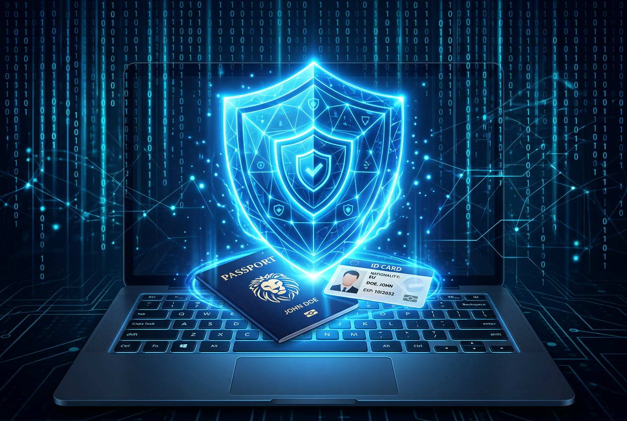 Cyfrowa tarcza ochronna i dokumenty symbolizujące bezpieczeństwo danych gracza