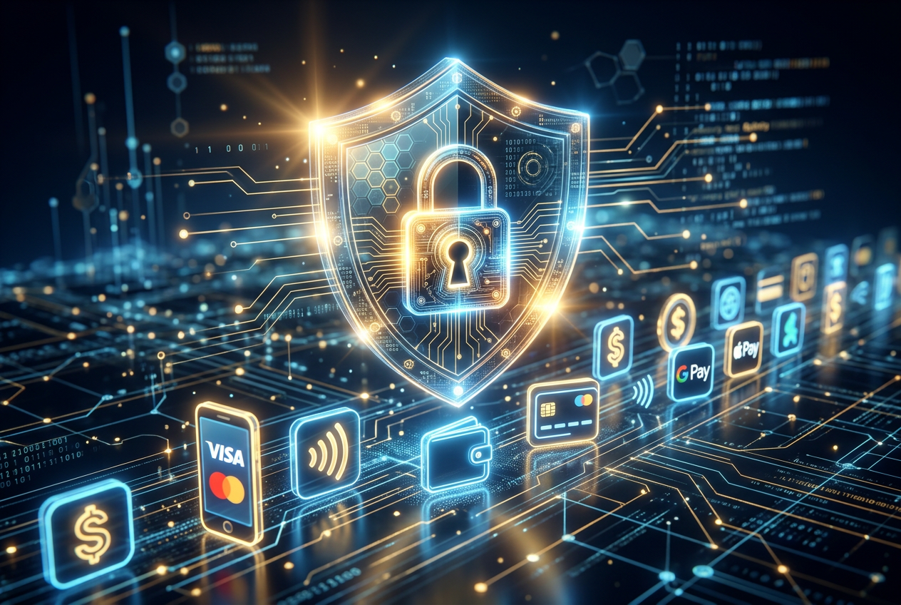 Abstrakcyjna reprezentacja cyfrowego bezpieczeństwa z ikoną tarczy i kłódki unoszącą się nad logotypami płatności mobilnych