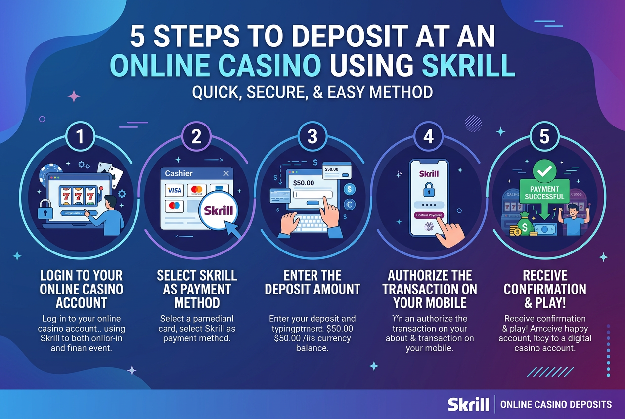 Infografika przedstawiająca kroki wpłaty depozytu przez Skrill do kasyna
