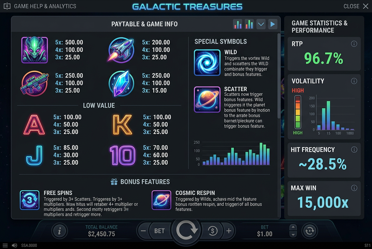 Zrzut ekranu przedstawiający interfejs nowoczesnego slotu z tabelą wypłat