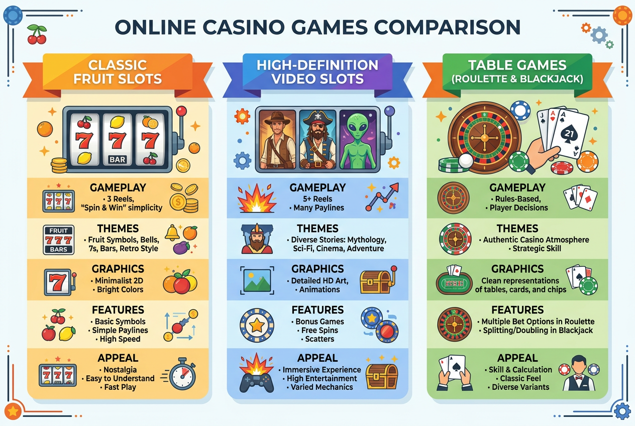 Infografika porównująca rodzaje gier: sloty klasyczne, wideo sloty i gry stołowe