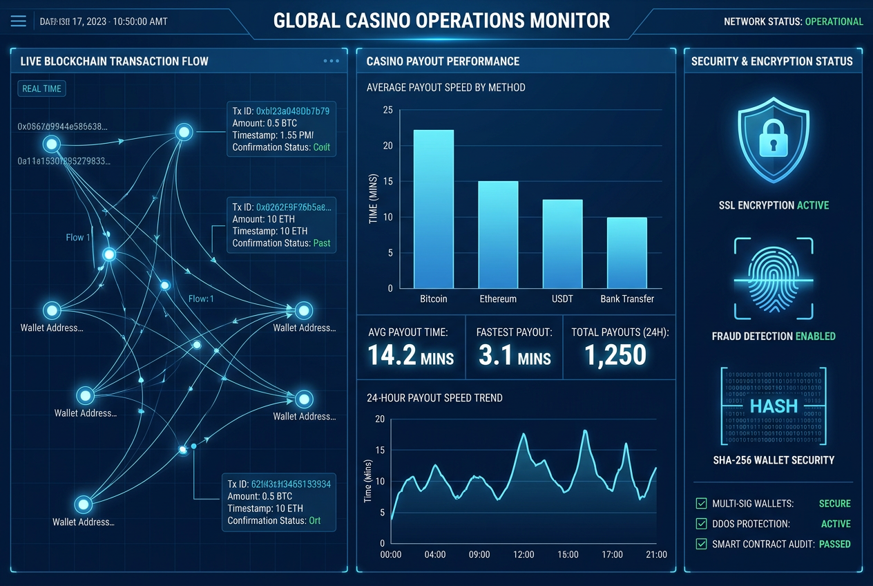 Zrzut ekranu przedstawiający analityczny panel weryfikacji wypłat i transakcji blockchain w kasynie krypto.